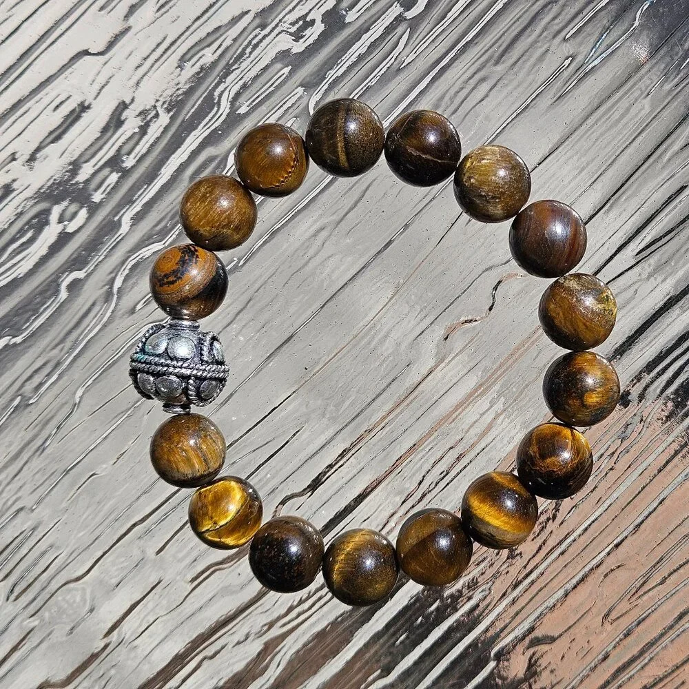 Hand Crafted Chunky Natural Tiger Eye Men's Stretch Bracelet - Picture 5 of 5
